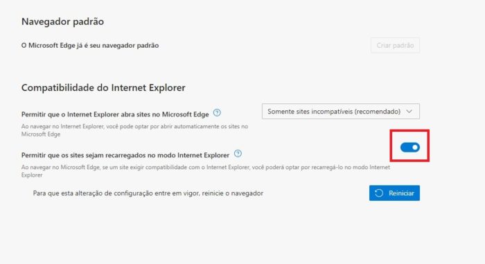 Modo Internet Explorer ativado (Imagem: Reprodução / Edge)