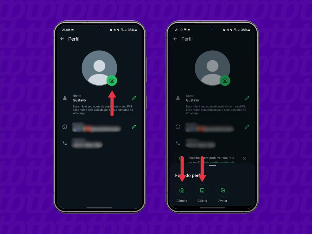 Capturas de tela do aplicativo WhatsApp mostram como trocar foto de perfil do WhatsApp