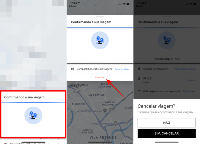 Etapas para cancelar Uber se o motorista ainda não foi encontrado (Imagem: Reprodução/Uber)