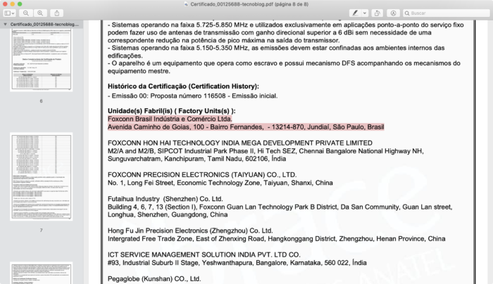 Certificado de homologação do iPhone 12 Pro lista Foxconn de Jundiaí (Imagem: Reprodução/Anatel)