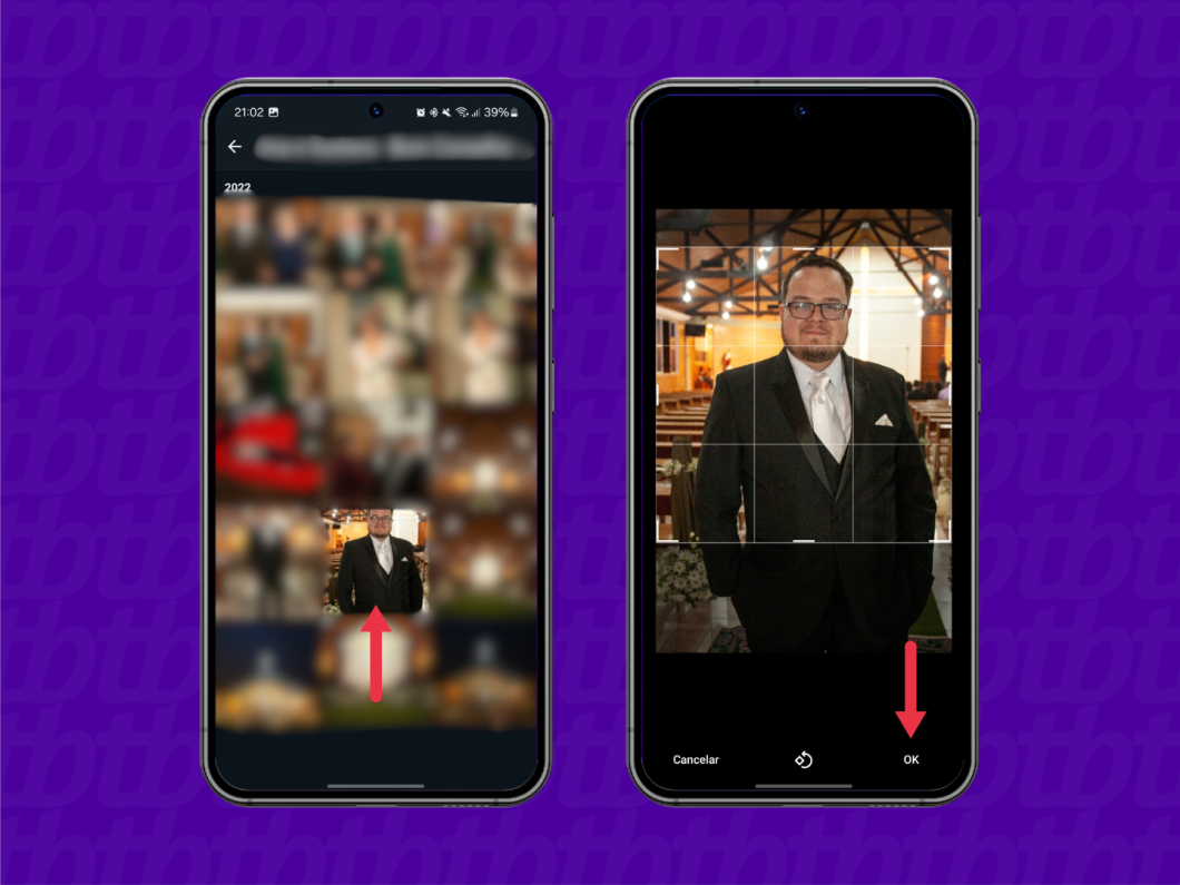 Capturas de tela do aplicativo WhatsApp mostram como escolher e definir nova foto de perfil