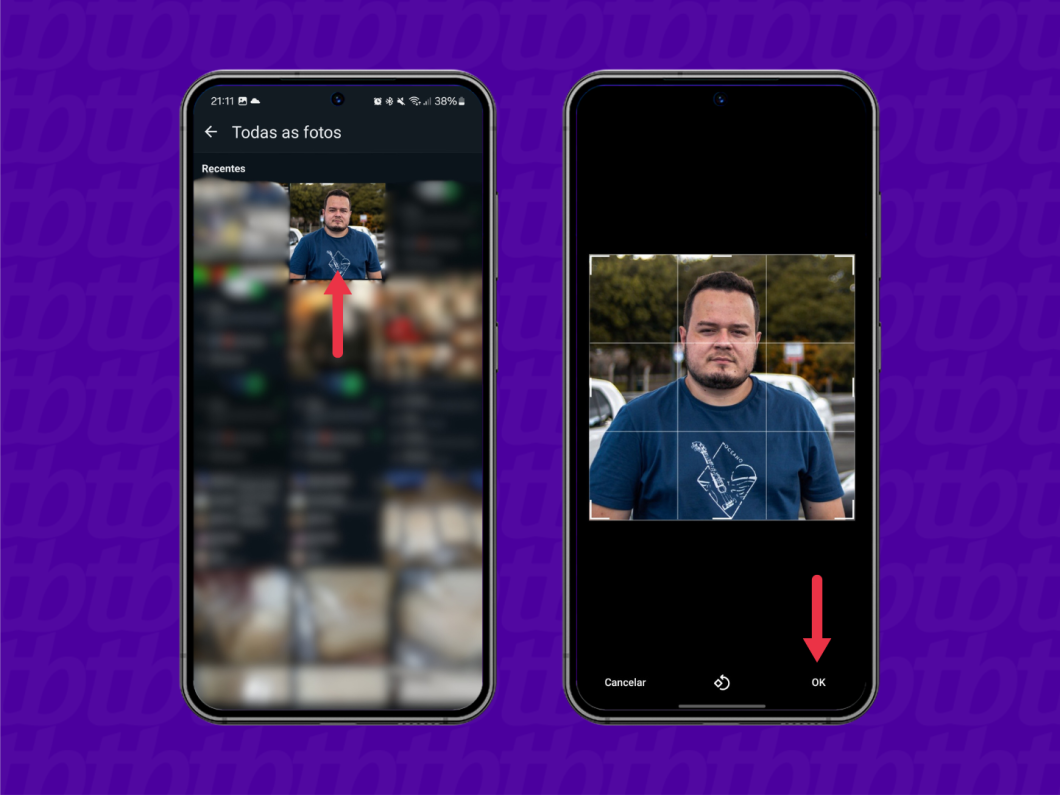 Capturas de tela do aplicativo WhatsApp mostram como escolher e definir nova foto de perfil