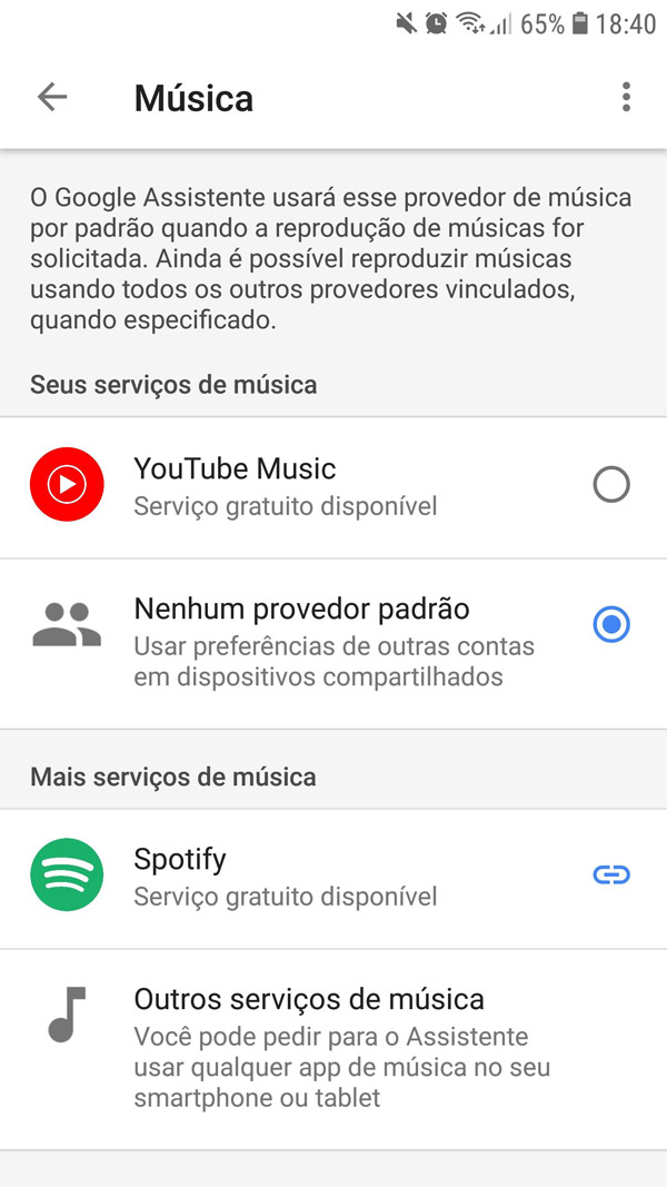 Tela do Assistente sem Google Play Música (Imagem: Reprodução/Google)