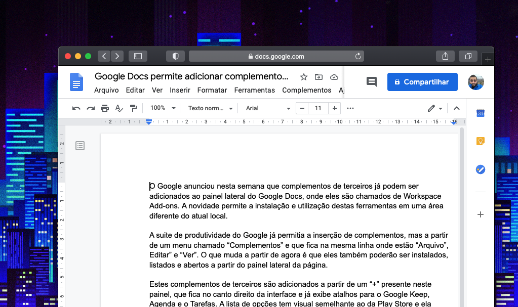 google docs complementos painel lateral (Imagem: reprodução/Google Docs)