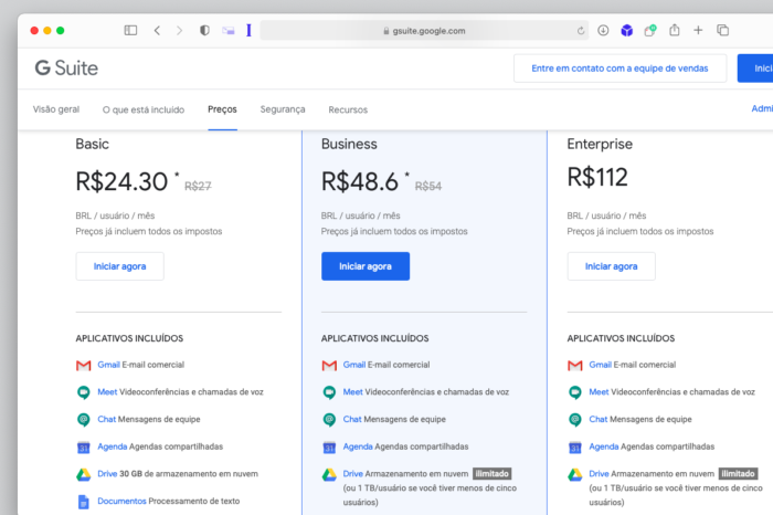 Planos do G Suite (Imagem: Reprodução/Tecnoblog)