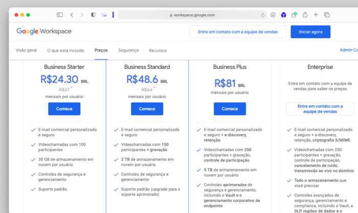 Planos do Google Workspace (Imagem: Reprodução/Tecnoblog)