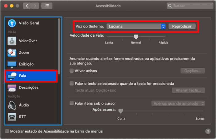 Configurações de fala do macOS (Imagem: Apple/Reprodução)