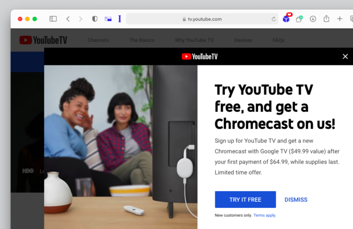 Google oferece novo Chromecast de graça para promover YouTube TV (Imagem: Reprodução/Tecnoblog)