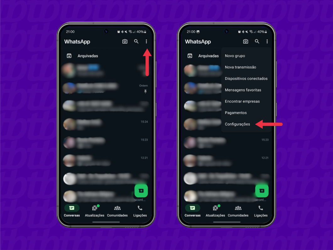 Capturas de tela do aplicativo WhatsApp mostram como acessar configurações do WhatsApp