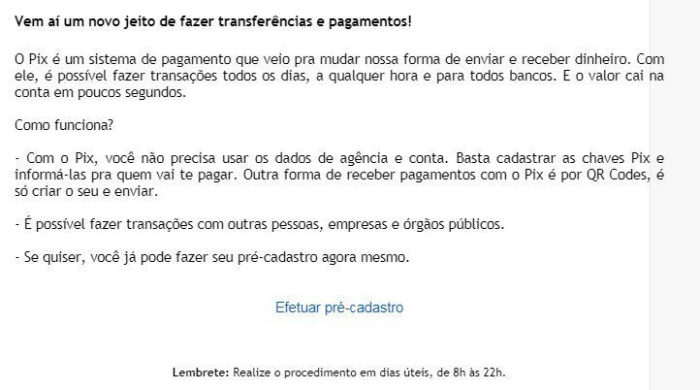 E-mail de phishing promete cadastro de chaves do Pix (Imagem: Reprodução/Kaspersky)