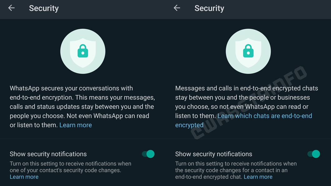 WhatsApp atualiza texto sobre criptografia (Imagem: Reprodução/WABetaInfo)