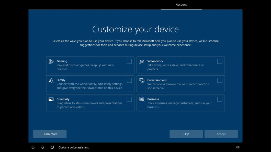 Tela de instalação do Windows 10 para definir finalidades do dispositivo (Imagem: Reprodução/Microsoft)