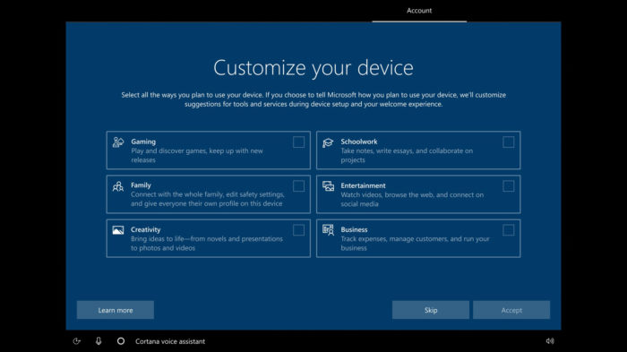 Tela de instalação do Windows 10 para definir finalidades do dispositivo (Imagem: Reprodução/Microsoft)