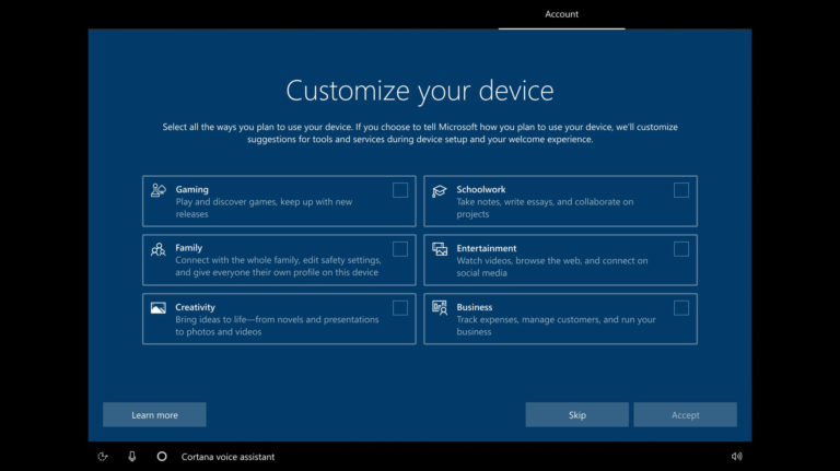 Windows 10 testa personalizar instalação para jogos, estudos ou negócios