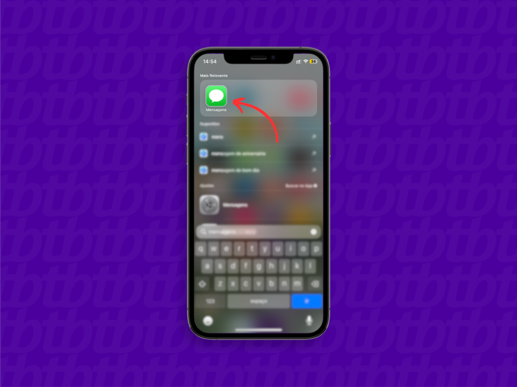 Tela de busca do iPhone com o app Mensagens indicado por uma seta vermelha.