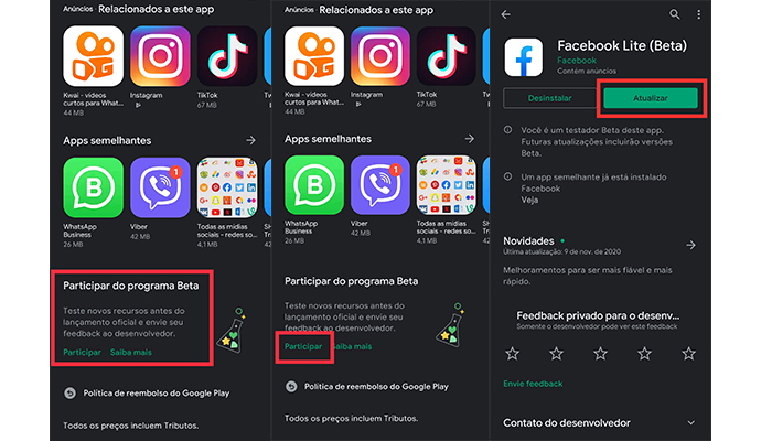 Processo para fazer parte do programa beta do Facebook Lite (Imagem: Reprodução/Play Store)