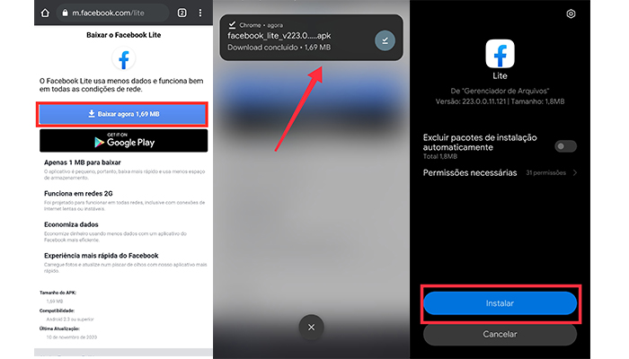 Processo para baixar o APK do Facebook Lite (Imagem: Reprodução/Facebook Lite)