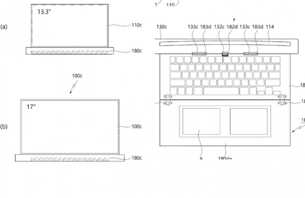 Tela enrolável aparece em patente de notebook da LG (Imagem: reprodução/Gadgetsdata)