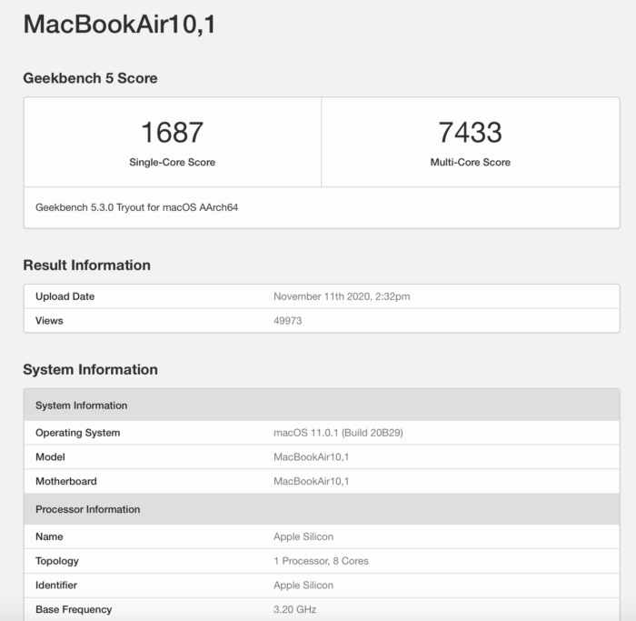 Novo MacBook Air com Apple Silicon em benchmark (Imagem: Reprodução/Geekbench)