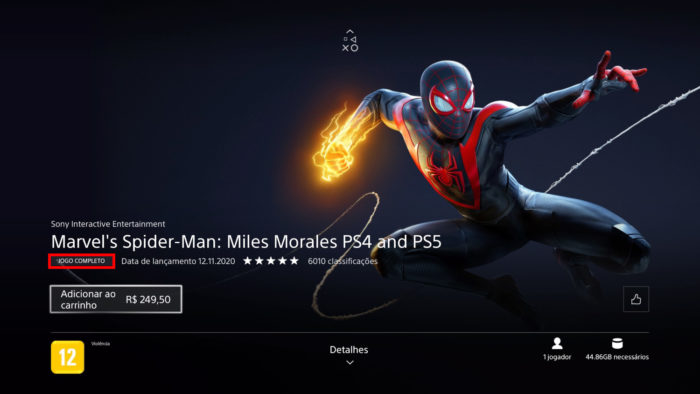 Página do jogo completo Marvel's Spider-Man: Miles Morales no PS4 (Imagem: Insomniac Games/Sony Interactive Entertainment/Sony)