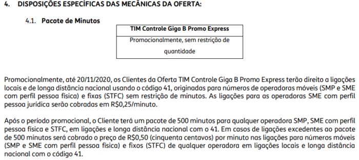 Mecânica de ligações ilimitadas no contrato do TIM Controle (Imagem: Reprodução/TIM)