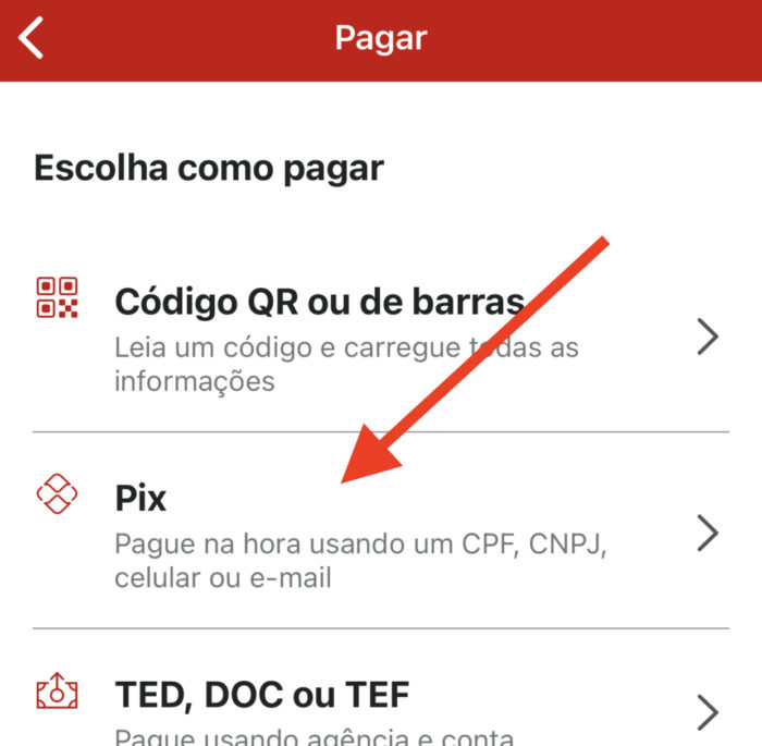 Opção de Pix está dentro de "Pagar" (Imagem: reprodução/Santander)