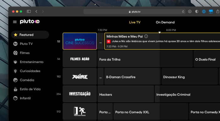 Guia de programação de canais (Imagem: Pluto TV/Reprodução)