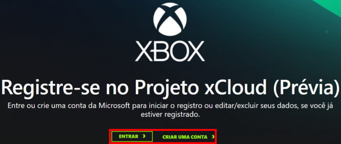 Tele inicial de registro no preview do Project xCloud (Imagem: Reprodução/Microsoft)
