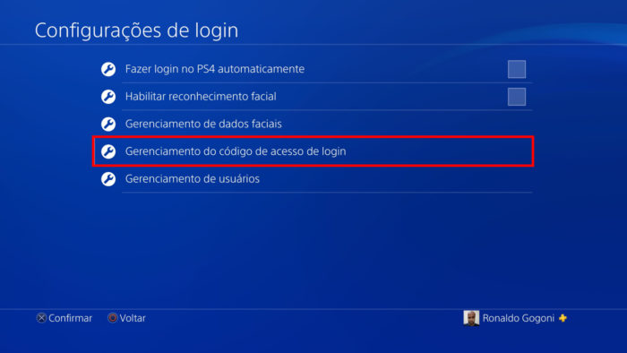 Tela de configurações de login do PS4 (Imagem: Reprodução/Sony)