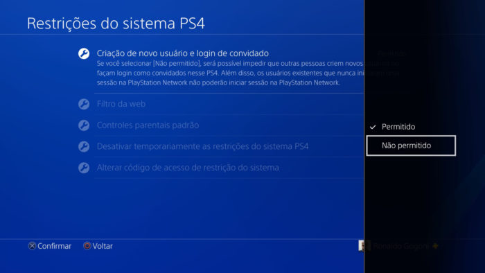 Tela de configuração de restrições do PS4 (Imagem: Reprodução/Sony) / como colocar uma senha no PS4