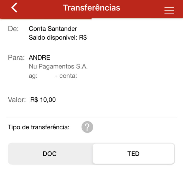 Menu de transferências não exibe o Pix (Imagem: reprodução/Santander)