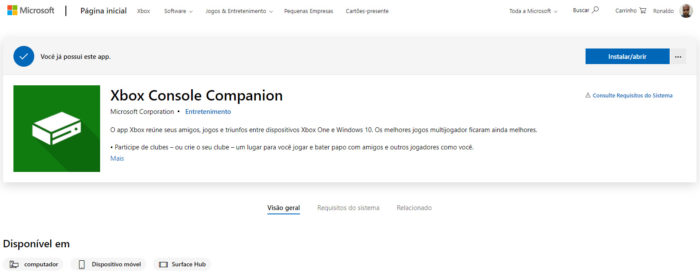 Página do Xbox Console Companion na Microsoft Store (Imagem: Reprodução/Microsoft)