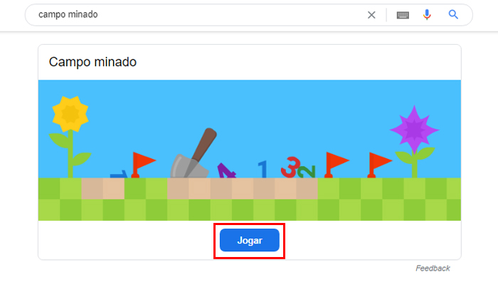 Processo para jogar Campo Minado no Google é bem simples (Imagem: Reprodução/Google)