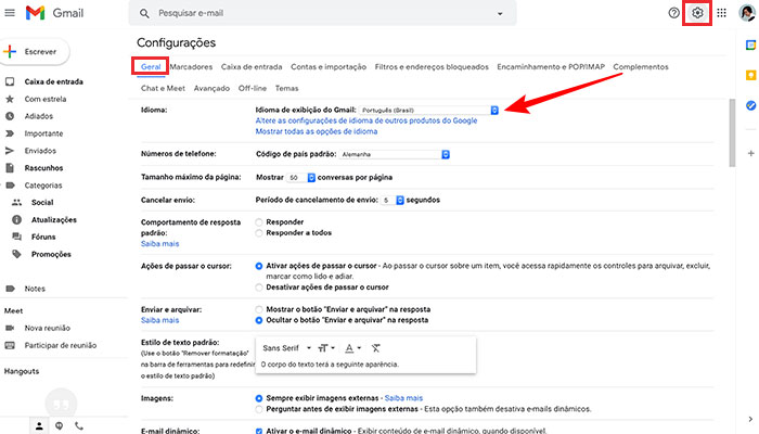 Configurando Gmail em português na versão browser