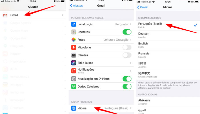 Configurando Gmail em português no iOS