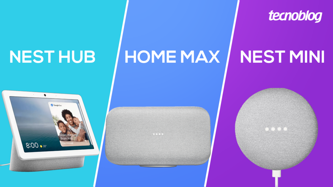 Google Nest Hub, Home Max e Nest Mini (Imagem: Tecnoblog)