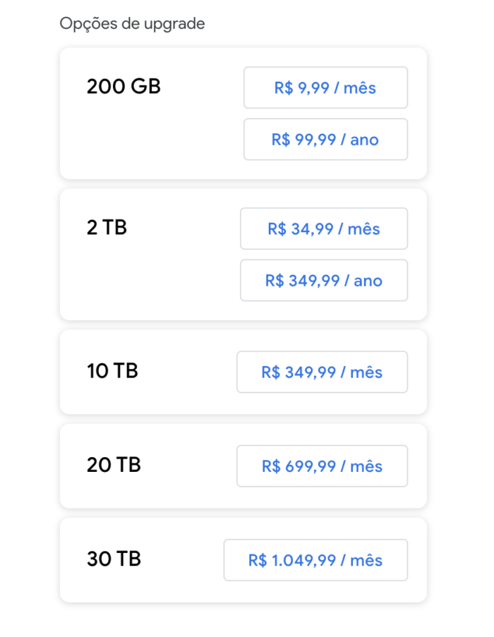 Planos do Google One no Brasil (Imagem: Reprodução)