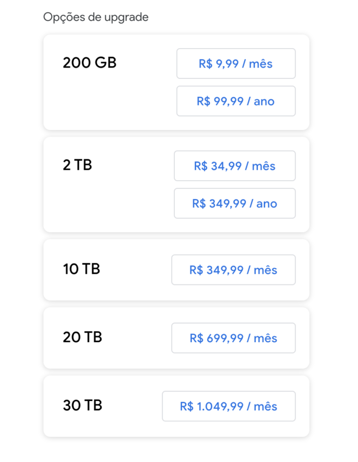 Planos e preços - Google One