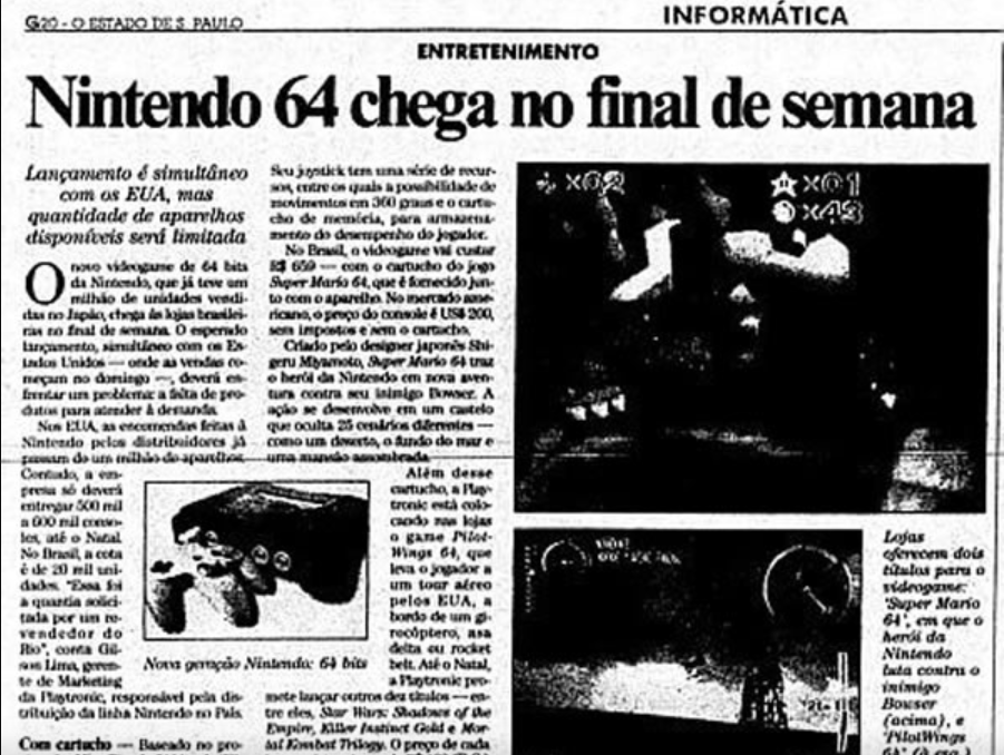 Reportagem com a chegada do Nintendo 64 ao Brasil (Imagem: Reprodução/O Estado de São Paulo)