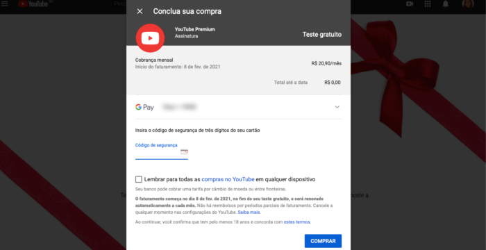 Insira os seus dados de pagamento para assinar o trial do YouTube Premium (Imagem: Reprodução/YouTube)