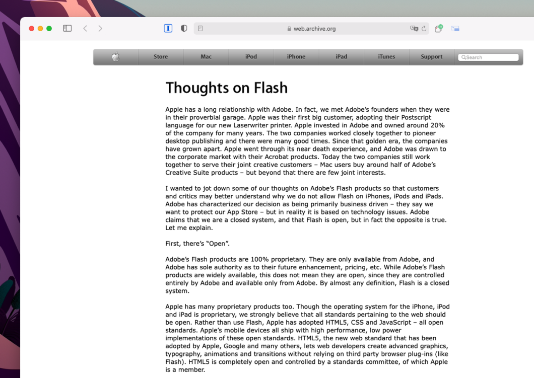 Carta "Pensamentos sobre Flash", de Steve Jobs (Imagem: Reprodução/Tecnoblog)