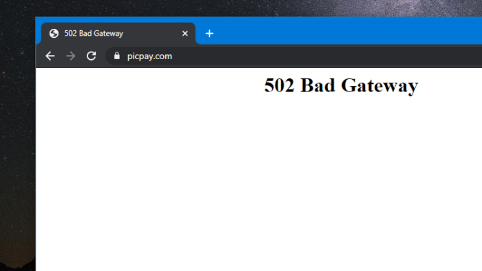 Site do PicPay exibe erro 502 Bad Gateway (Imagem: Reprodução)