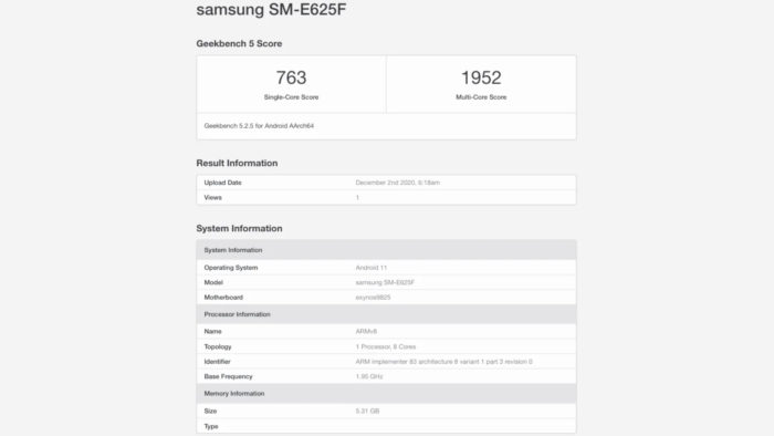 Possível Samsung Galaxy F62 aparece em teste de benchmark (Imagem: Reprodução/MySmartPrice)