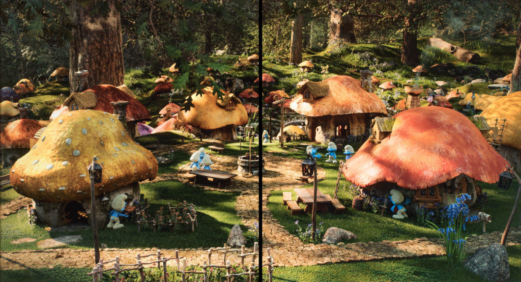 Cena do filme "Os Smurfs e a Vila Perdida": SDR à esquerda, HDR à direita (Imagem: Reprodução/Sony Pictures)