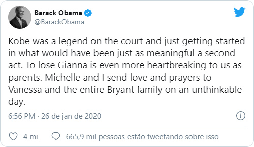 Segundo tweet mais curtido é mensagem de Barack Obama após morte de Kobe Bryant e sua filha Gianna (Imagem: Reprodução/Twitter)