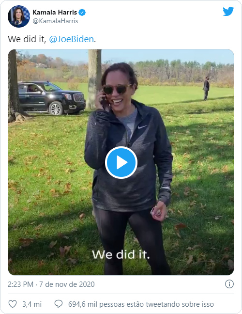 Quinto tweet mais curtido tem vídeo de Kamala Harris comemorando vitória na eleição americana em ligação com Joe Biden (Imagem: Reprodução/Twitter)