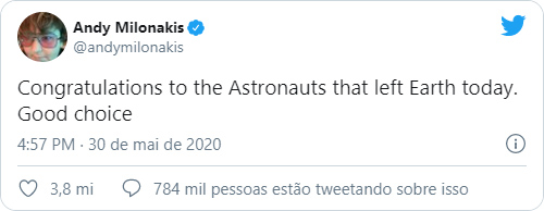 Quinto tweet mais retweetado e terceiro mais curtido diz "Parabéns aos Astronautas que deixaram a Terra hoje. Boa escolha"