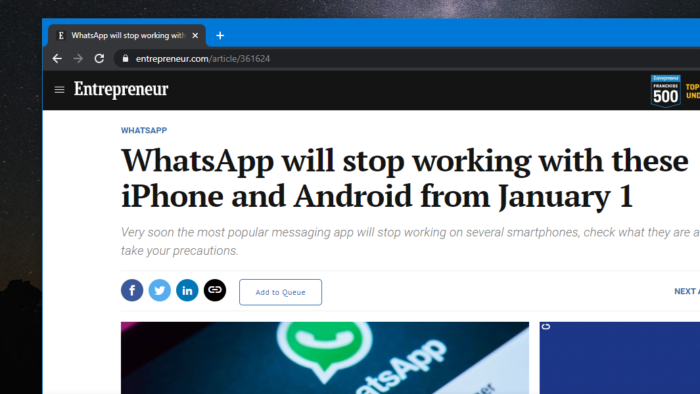 Notícia sobre fim do WhatsApp em celulares antigos (Imagem: Reprodução / Entrepreneur)
