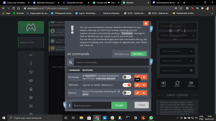 Criando comando na Twitch via bot (Imagem: Leandro Kovacs/Reprodução)