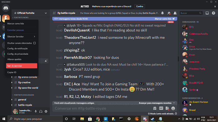 Saindo de um servidor no Discord pelo PC (Imagem: Leandro Kovacs/Reprodução)